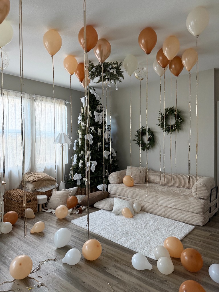 Cozy home balloon decor and holiday event styling in San Diego
