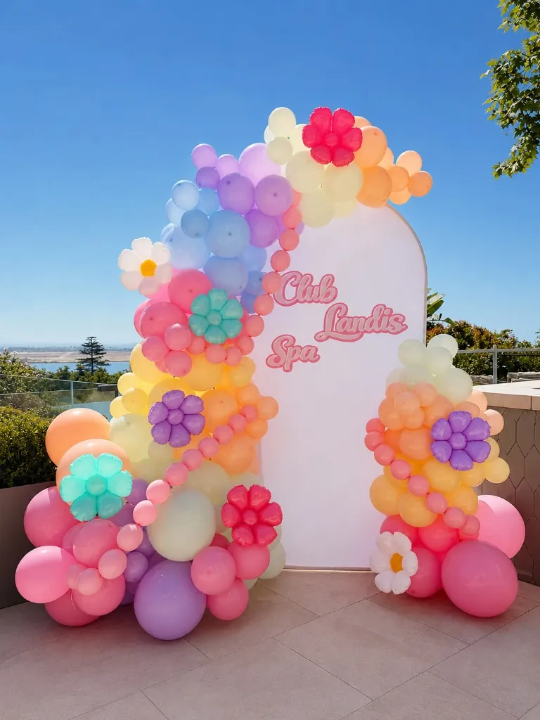 Pastel balloon arch with flower balloons for spa party
