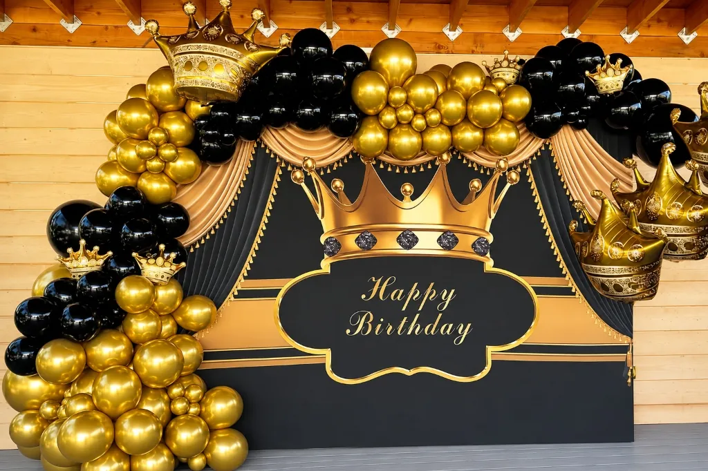 Black and gold royal crown birthday backdrop